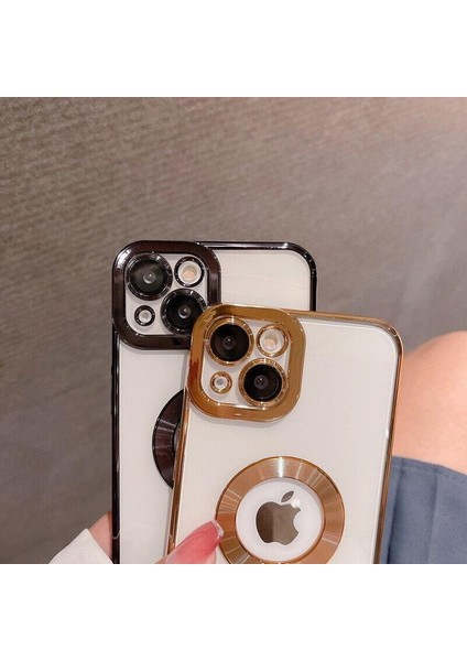 iPhone 14 Logo Detaylı Lens Korumalı Renkli Çerçeve Detaylı Şeffaf Silikon Kılıf