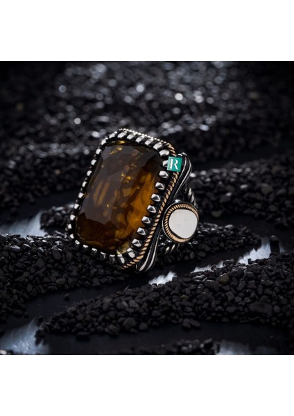 925 Ayar Gümüş Erkek Yüzük Kahverengi Zirkon Taşı Büyük Yüzük 40G fiyatları