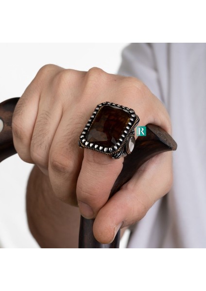 925 Ayar Gümüş Erkek Yüzük Kahverengi Zirkon Taşı Büyük Yüzük 40G fırsatları