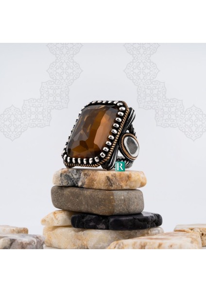 925 Ayar Gümüş Erkek Yüzük Kahverengi Zirkon Taşı Büyük Yüzük 40G indirimleri