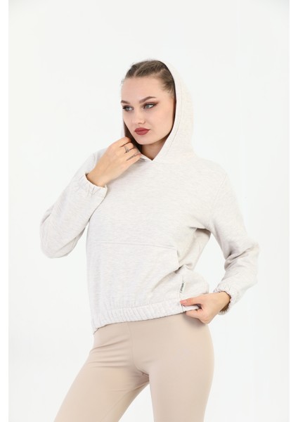 Kapüşonlu Kanguru Cepli Basic Kahve Melanj Kadın Sweatshirt