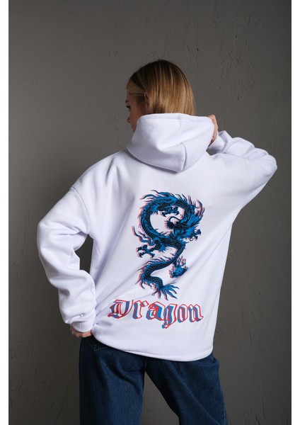Unisex Önü Dragon Yazılı Sırt Dragon Baskılı Kapüşonlu Oversize Sweatshirt