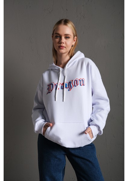 Unisex Önü Dragon Yazılı Sırt Dragon Baskılı Kapüşonlu Oversize Sweatshirt fiyatları