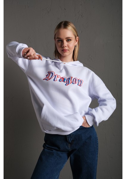 Unisex Önü Dragon Yazılı Sırt Dragon Baskılı Kapüşonlu Oversize Sweatshirt modelleri