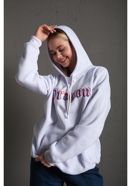 Unisex Önü Dragon Yazılı Sırt Dragon Baskılı Kapüşonlu Oversize Sweatshirt fırsatları