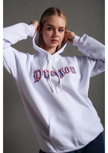 Unisex Önü Dragon Yazılı Sırt Dragon Baskılı Kapüşonlu Oversize Sweatshirt indirimleri