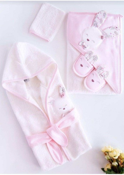 Yeni Koleksiyon Kız Bebek Havlu Bornoz Seti P100826 Pembe - Bebek Doğum Hediyesi