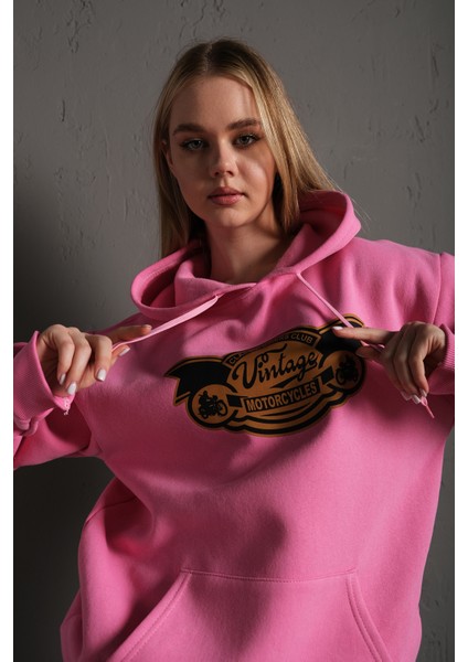 Kadın Vintage Baskılı Kapüşonlu Oversize Sweatshirt