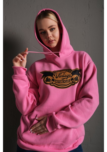 Kadın Vintage Baskılı Kapüşonlu Oversize Sweatshirt