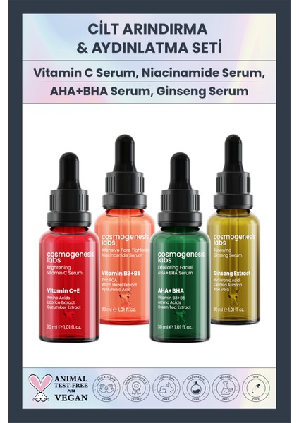 Cosmogenesis Labs Cilt Arındırıcı Aydınlatıcı 4'lü Set - Vitamin C Serum Peeling Etkili Leke Karşıtı Sıkılaştırıcı