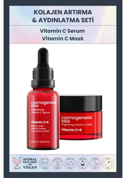 Cosmogenesis Labs Aydınlatıcı Eşitleyici C+E Vitamin Serum 30ML + C Vitamini Maske 50ML Yenileyici Nemlendirici Set