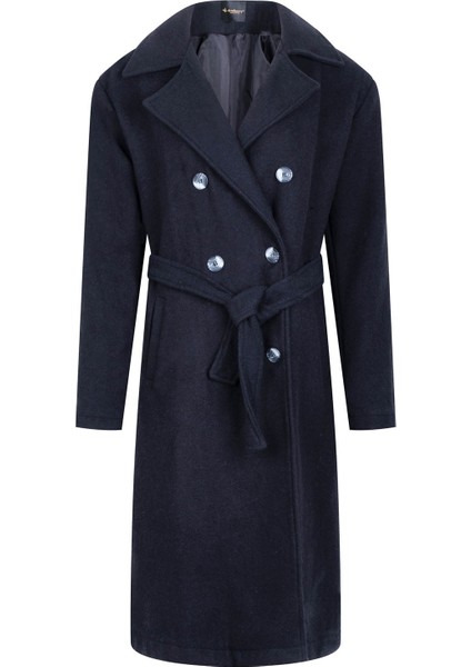 Kadın Kaban Uzun Yün Malzemeden Düz Desenli Koyu Lacivert Şık Tasarım