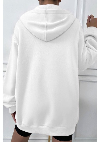 Kadin Ekru Kapüşonlu Fermuarlı 3 Üç Iplik Polar Kanguru Oversize Salaş Sweatshirt Zip Up Hoodie fiyatları