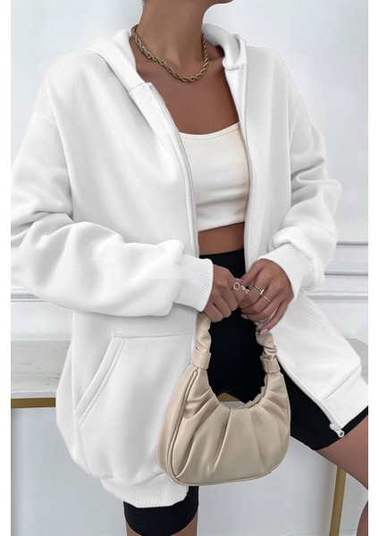 Kadin Ekru Kapüşonlu Fermuarlı 3 Üç Iplik Polar Kanguru Oversize Salaş Sweatshirt Zip Up Hoodie indirimleri