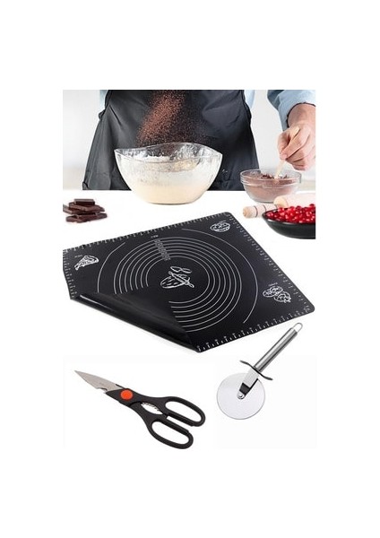 Silikon Hamur Açma Matı 60X45 , Mutfak Makası ve Hamur Pizza Ruleti