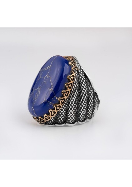 925 Gümüş Lüks Yüzük Oval Akik Taşı Erkek Takı Hediye Lapis Lazuli Kaplan Gözü