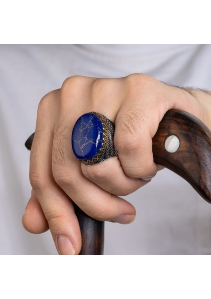 925 Gümüş Lüks Yüzük Oval Akik Taşı Erkek Takı Hediye Lapis Lazuli Kaplan Gözü fırsatları