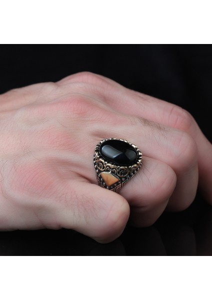 Oval Siyah Oniks Taşı 925 Ayar Gümüş Yüzük Takı Batman Dekoru fiyatları