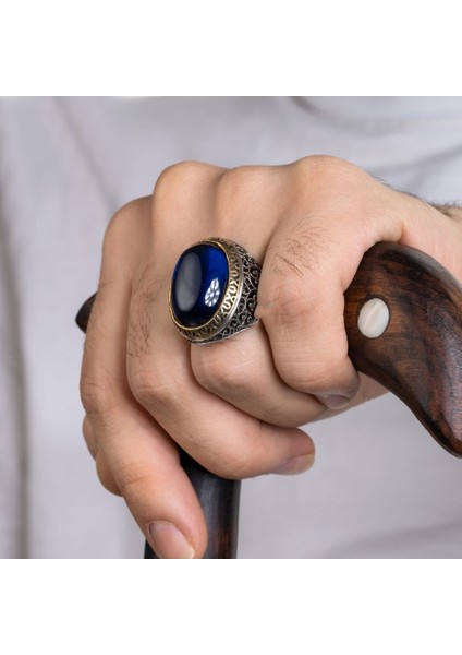 925 Ayar Gümüş Erkek Yüzük Doğal Taşlı Oval Kaplan Gözü Akik Takı