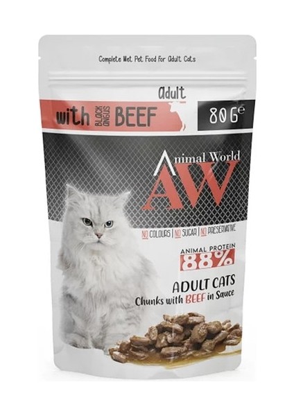 Animal World Pets Animal World Sos Içinde Parça Sığır Etli Yetişkin Kedi Pouch Mama 80 gr 6 Adet