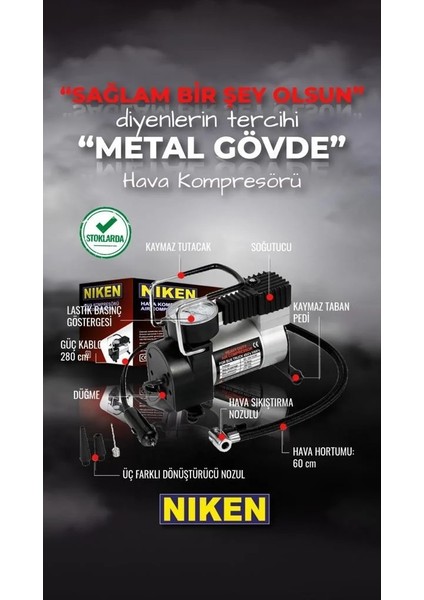 Araç Oto Hava Kompresörü Metal Gövde 12V 150 PSI