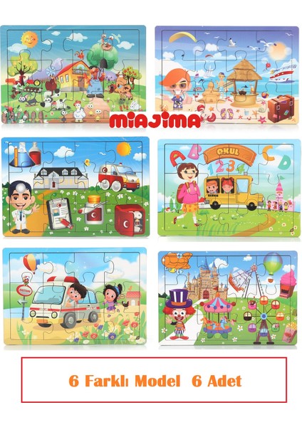 Eğitici Ahşap Puzzle Seti-6 Model Puzzle'dan Oluşan 12 Parçalı Puzzle
