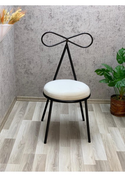 Bisandalye 2 Adet 45 cm Siyah Metal Beyaz Kumaş Fiyonk Makyaj Sandalye Mutfak Sandalye Butik Sandalye modelleri