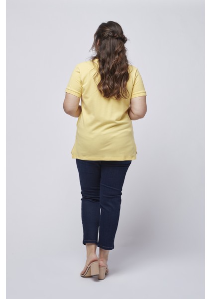 21305 Kısa Kollu Büyük Beden Lakost Kumaş T-Shirt Sarı