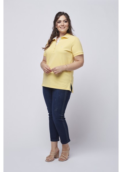 21305 Kısa Kollu Büyük Beden Lakost Kumaş T-Shirt Sarı fırsatları