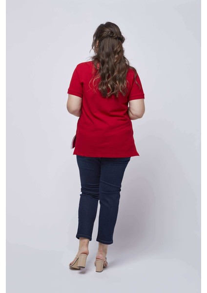 21305 Kısa Kollu Büyük Beden Lakost Kumaş T-Shirt Kırmızı