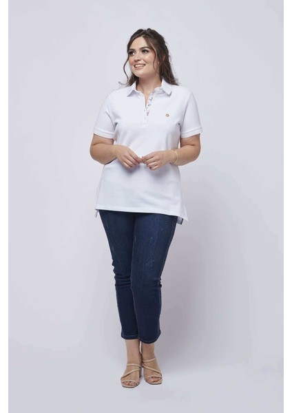 21305 Kısa Kollu Büyük Beden Lakost Kumaş T-Shirt Beyaz modelleri