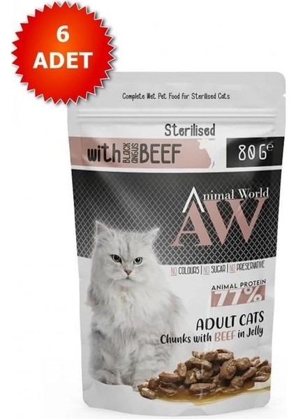 Pets Animal World Sterilised Jöleli Parça Sığır Etli Kısırlaştırılmış Kedi Pouch Mama 80GR 6 Adet