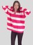V Polo Yaka Kalın Oversize Triko Kazak - Pembe Beyaz - Standart 1