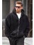 Siyah Peluş Over Fit Kapüşonlu Fermuarlı Erkek Sweatshirt 6049 1