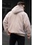 Bej Peluş Over Fit Kapüşonlu Fermuarlı Erkek Sweatshirt 6049 2