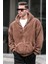 Kahverengi Peluş Over Fit Kapüşonlu Fermuarlı Erkek Sweatshirt 6049 1