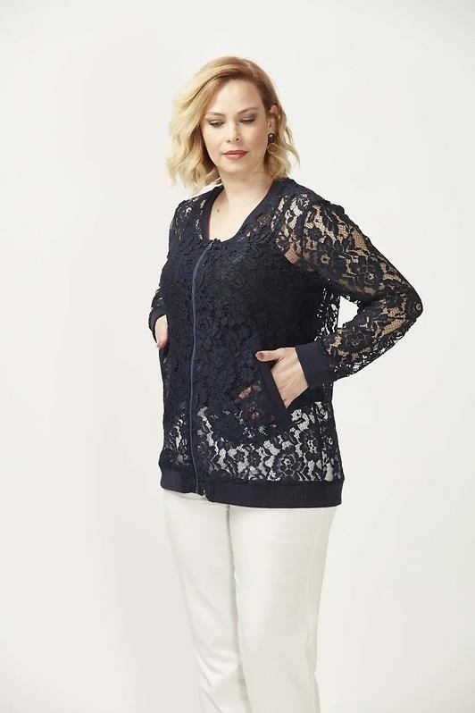 Moda Berray 4030 Dantel Fermuarlı Büyük Beden Ceket Lacivert görsel 2