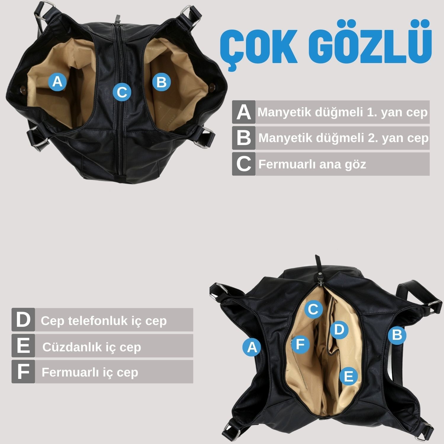 Cappadocia Vintage Myra Kadın Pu Deri Günlük Omuz Çantası Üç Bölmeli Hobo Tote El Çantası görsel 2