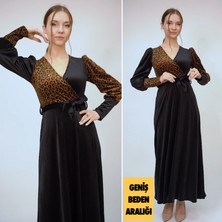 Rengamoda Kadın Leopar Detaylı Ithal Kadife Kumaş Kuşaklı Maxi Elbise