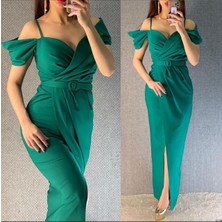 Rengamoda Omuz Detaylı Kemerli Önden Yırtmaç Detaylı Ithal Krep Kumaş Abiye Elbise