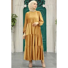 Neva Style - Kat Piliseli Camel Tesettür Kadife Elbise 1286C