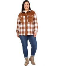 Disentis Modest Büyük Beden Kadife Kumaş Garnili Göğüsten Cepli Oduncu Kahverengi Gömlek