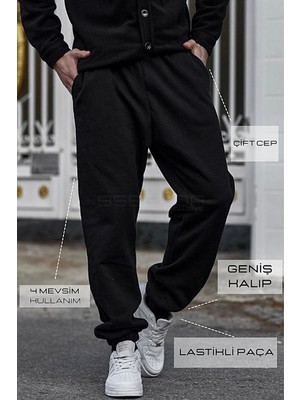 BSBSPOR Üç İplik Kalın İçi Şardonlu Siyah Eşofman Oversize Jogger Geniş Kalıp Joggers