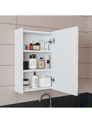 Roomart Ayaksız Tek Kapaklı Lavabolu Mat Beyaz 50 cm Banyo Dolabı ve Aynalı Üst Dolabı