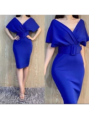 Rengamoda Dalgıç Kumaş Kemerli Elbise