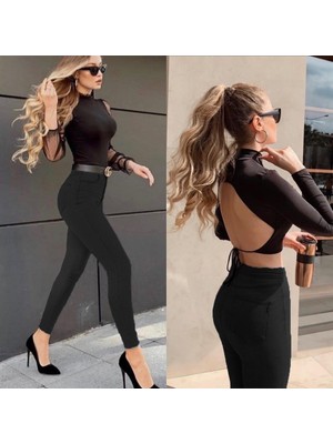 Likralı Yüksek Bel Jean Pantolon (Siyah)