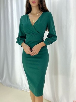 Rengamoda Kadın Balon Kol Kruvaze Yaka Krep Kumaş Midi Boy Elbise