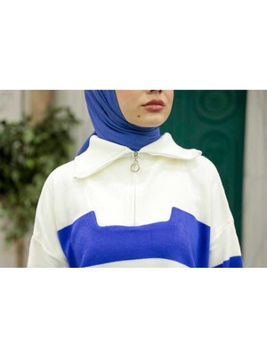 Neva Style - Blok Renkli Sax Mavisi Tesettür Triko Tunik 26961SX