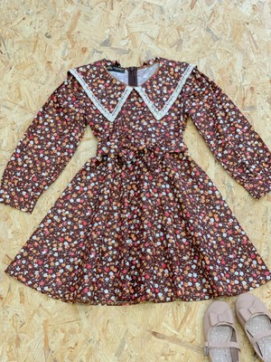 Küçüğüm Butik Vintage Yakalı Kahverengi Çiçekli Uzun Kol Kloş Kız Çocuk Elbise