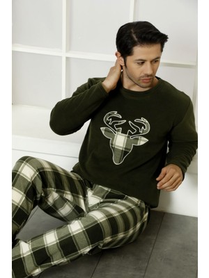 Nisanca Kışlık Baba Oğul Polar Pijama Takımı -Geyikli Yılbaşı Aile Pijaması- Tek Adet